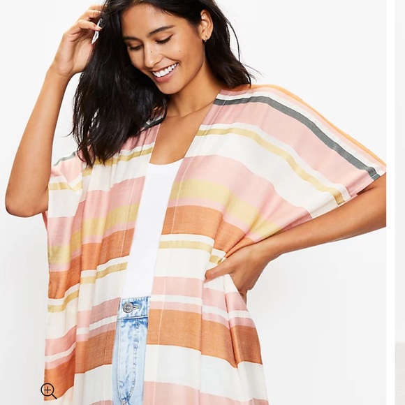 LOFT Striped Kimono Shawl Tunic Cover Up Muted Colors Light Pink Green White - Picture 3 of 9